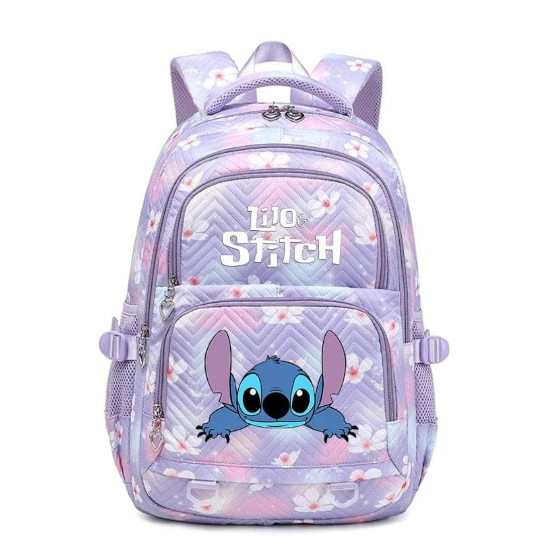Schulrucksack aus Polyester mit Blumenmuster, Comic-Motiv und verstellbaren Gurten für Kinder in Lila