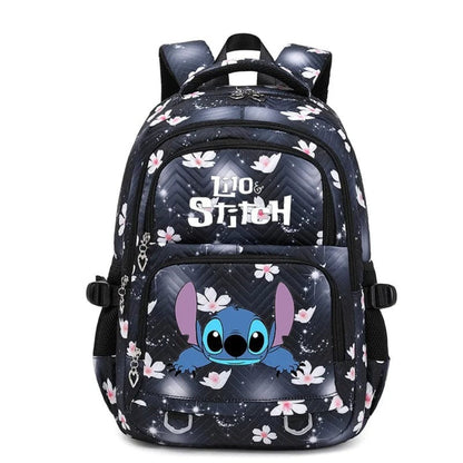 Schulrucksack aus Polyester mit Blumenmuster, Comic-Motiv und verstellbaren Gurten für Kinder in Schwarz