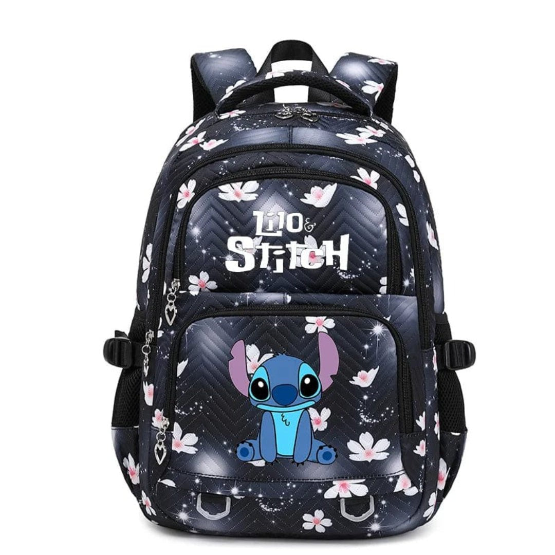 Schulrucksack aus Polyester mit Blumenmuster, Comic-Motiv und verstellbaren Gurten für Kinder in Schwarz