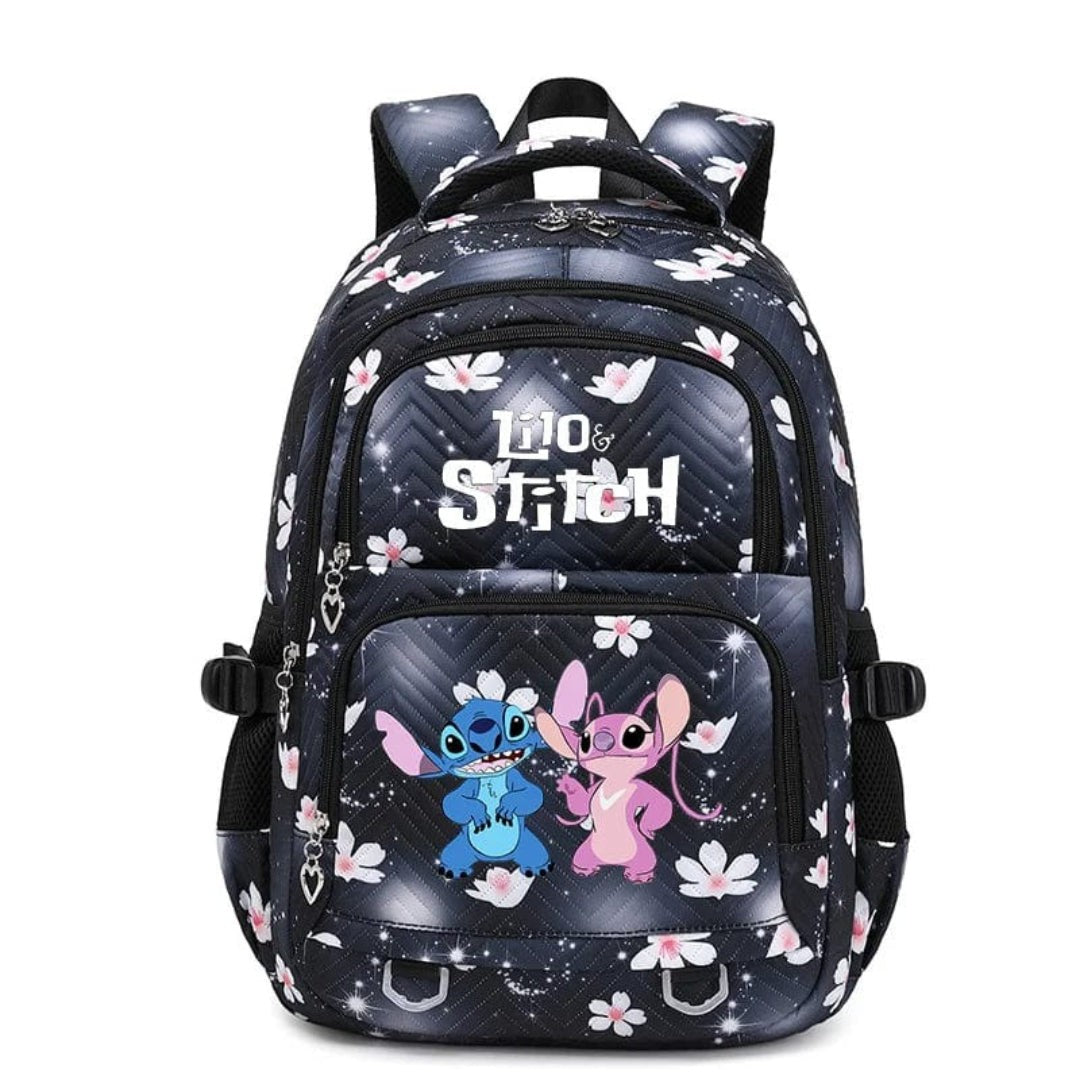 Schulrucksack aus Polyester mit Blumenmuster, Comic-Motiv und verstellbaren Gurten für Kinder in Schwarz