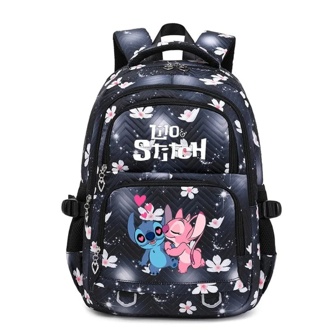 Schulrucksack aus Polyester mit Blumenmuster, Comic-Motiv und verstellbaren Gurten für Kinder in Schwarz