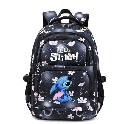 Schulrucksack aus Polyester mit Blumenmuster, Comic-Motiv und verstellbaren Gurten für Kinder in Schwarz