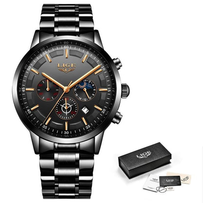 Schwarze Herrenuhr aus Edelstahl mit Datumsanzeige, Mineralglas und Tag-Nacht-Anzeige, Ansicht 2