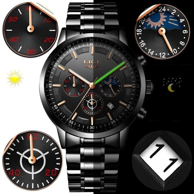 Schwarze Herrenuhr aus Edelstahl mit Datumsanzeige, Mineralglas und Tag-Nacht-Anzeige, Ansicht 3