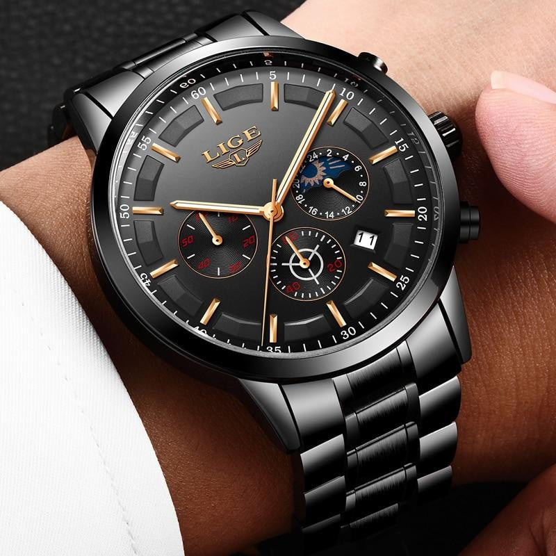 Schwarze Herrenuhr aus Edelstahl mit Datumsanzeige, Mineralglas und Tag-Nacht-Anzeige, Ansicht 4