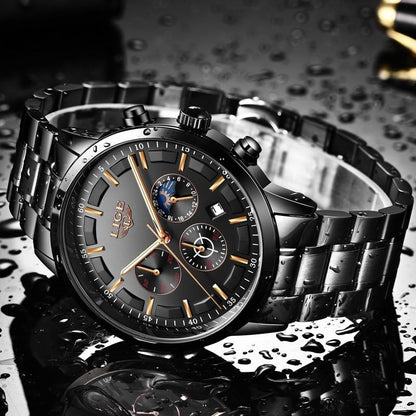 Schwarze Herrenuhr aus Edelstahl mit Datumsanzeige, Mineralglas und Tag-Nacht-Anzeige, Ansicht 5