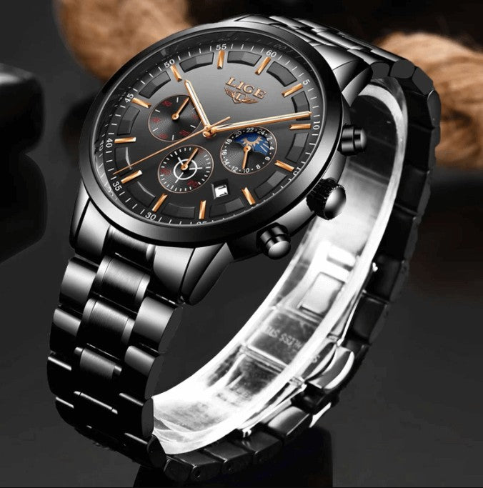 Schwarze Herrenuhr aus Edelstahl mit Datumsanzeige, Mineralglas und Tag-Nacht-Anzeige, Ansicht 7