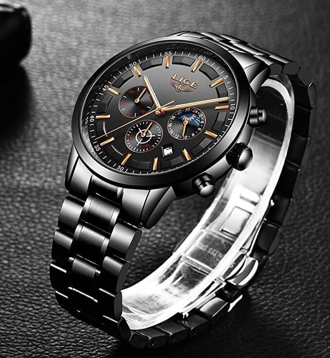 Schwarze Herrenuhr aus Edelstahl mit Datumsanzeige, Mineralglas und Tag-Nacht-Anzeige, Ansicht 8