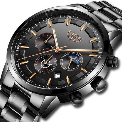 Schwarze Herrenuhr aus Edelstahl mit Datumsanzeige, Mineralglas und Tag-Nacht-Anzeige in Schwarz