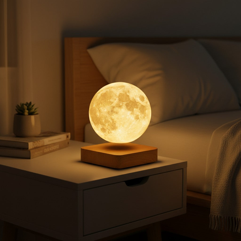Leuchtende Mondlampe schwebt über einem Holzsockel auf dem Nachttisch