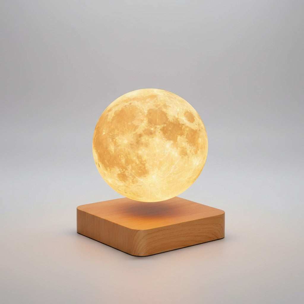 Schwebende Mondlampe mit Holzsockel, dimmbarem LED-Licht und einstellbarer Lichtfarbe, Ansicht 2