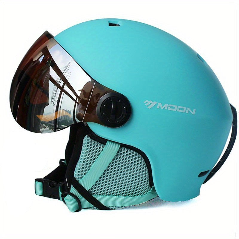 Skihelm mit abnehmbarem Visier, herausnehmbarem Innenpolster und Belüftungsöffnungen für Wintersport in Blau