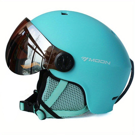 Skihelm mit abnehmbarem Visier, herausnehmbarem Innenpolster und Belüftungsöffnungen für Wintersport in Blau
