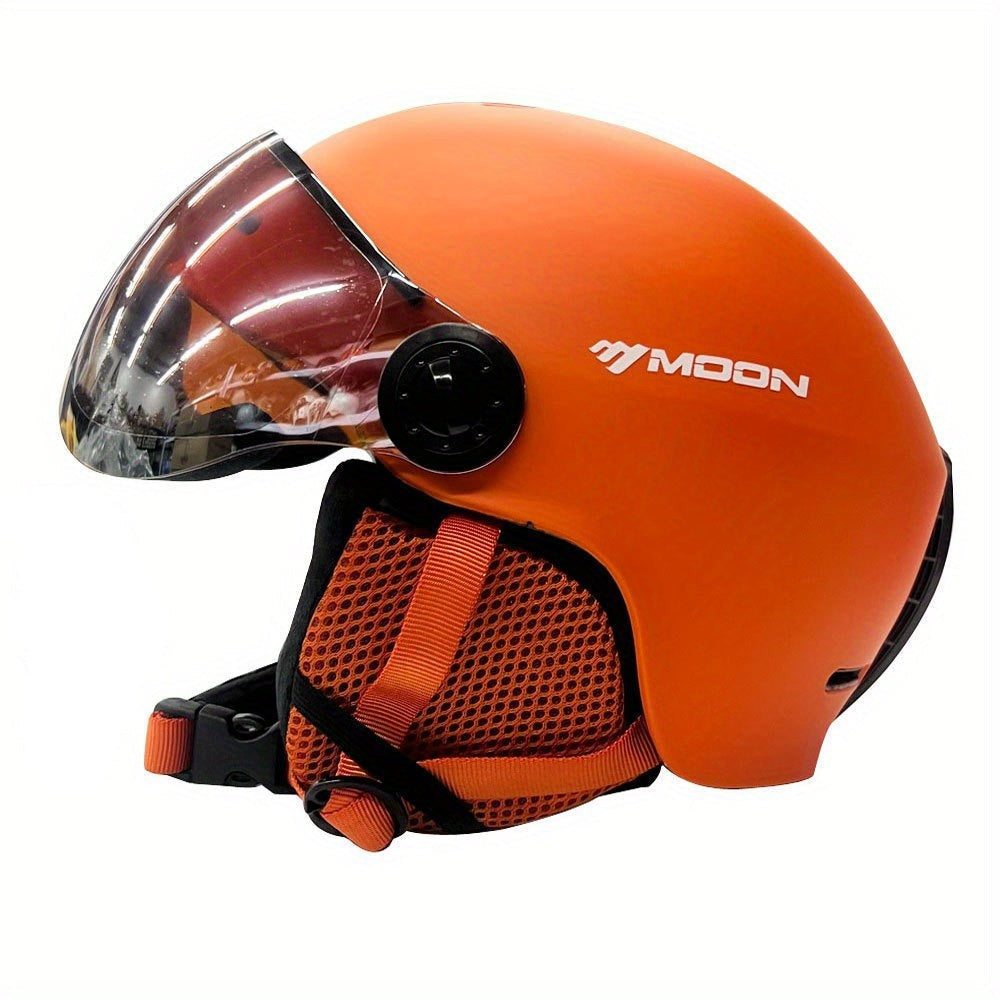 Skihelm mit abnehmbarem Visier, herausnehmbarem Innenpolster und Belüftungsöffnungen für Wintersport in Orange