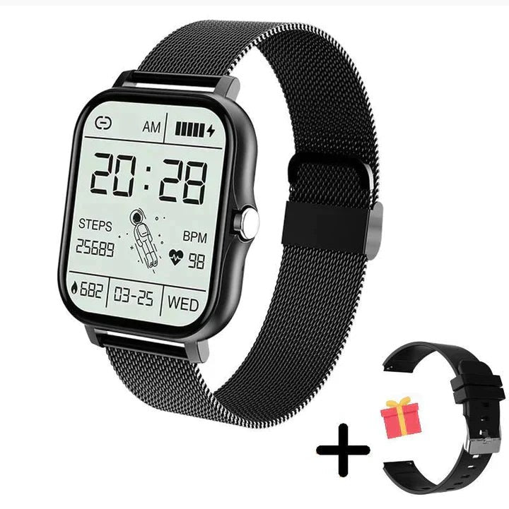 Smartwatch mit 1,83-Zoll-Touchscreen, Bluetooth-Telefonie, Aktivitätstracker und Milanaise-Armband in Schwarz mit Zusatzarmband