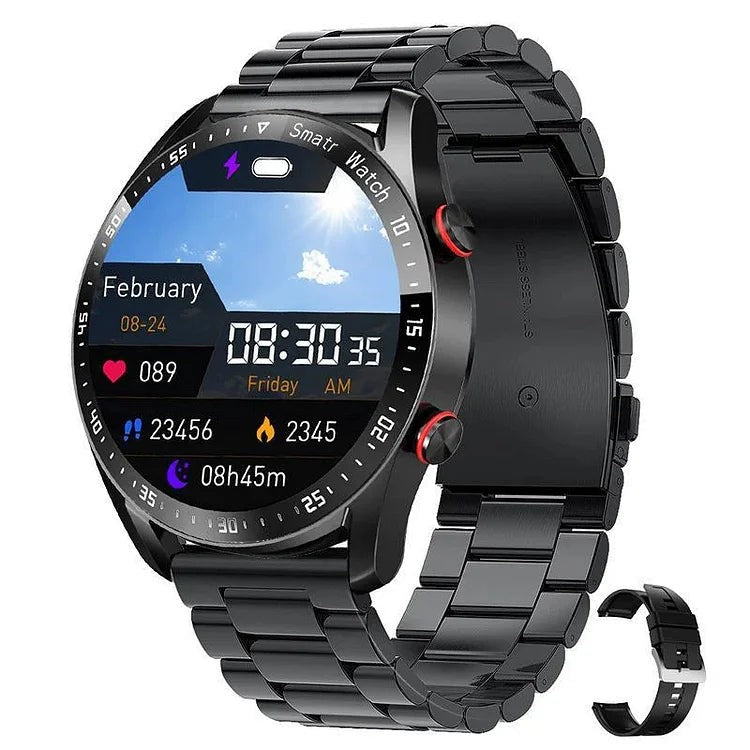 Smartwatch mit Bluetooth-Telefonie, NFC, Musikspeicher und IP67 für Android und iOS in Schwarz, Edelstahlarmband