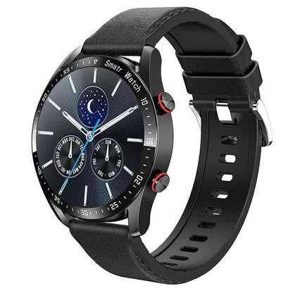 Smartwatch mit Bluetooth-Telefonie, NFC, Musikspeicher und IP67 für Android und iOS in Schwarz, Lederarmband