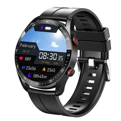 Smartwatch mit Bluetooth-Telefonie, NFC, Musikspeicher und IP67 für Android und iOS in Schwarz, Silikonarmband