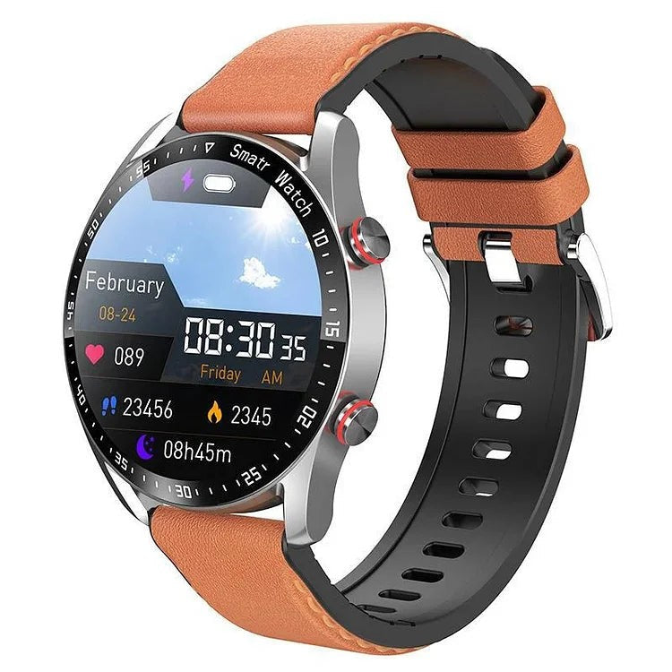 Smartwatch mit Bluetooth-Telefonie, NFC, Musikspeicher und IP67 für Android und iOS in Orange, Lederarmband