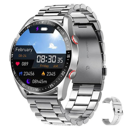 Smartwatch mit Bluetooth-Telefonie, NFC, Musikspeicher und IP67 für Android und iOS in Silber, Edelstahlarmband