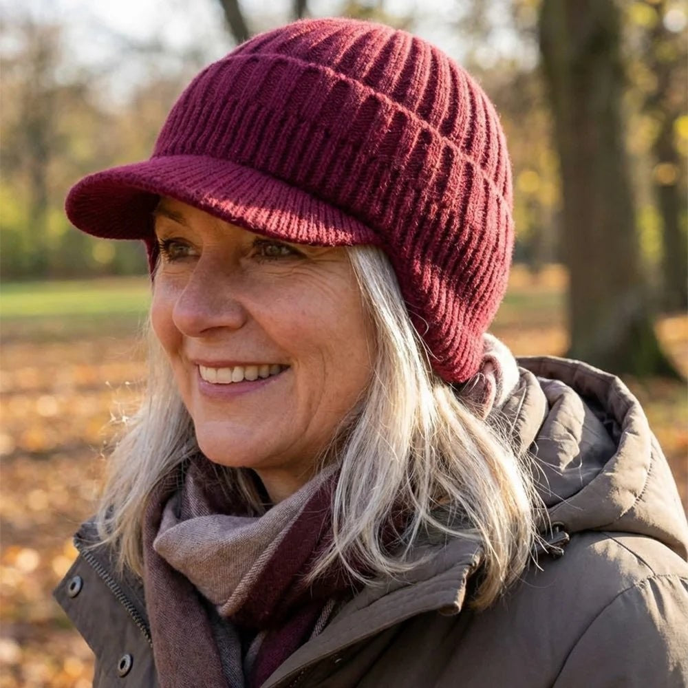 Strickmütze mit Schirm, Ohrenklappen und weichem Innenfutter für Damen und Herren in Bordeaux