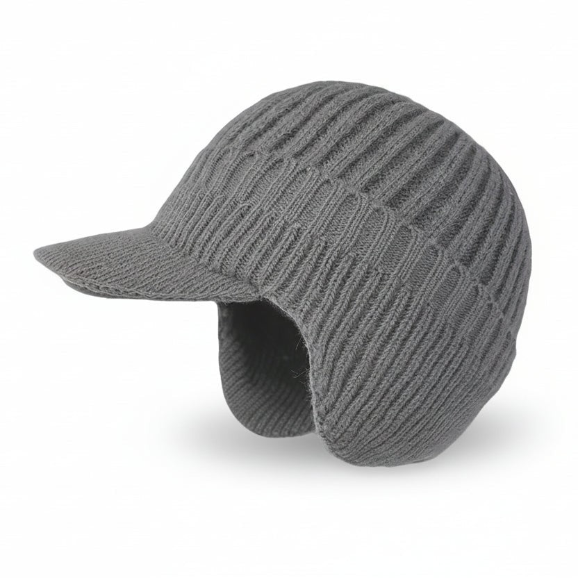 Strickmütze mit Schirm, Ohrenklappen und weichem Innenfutter für Damen und Herren in Grau