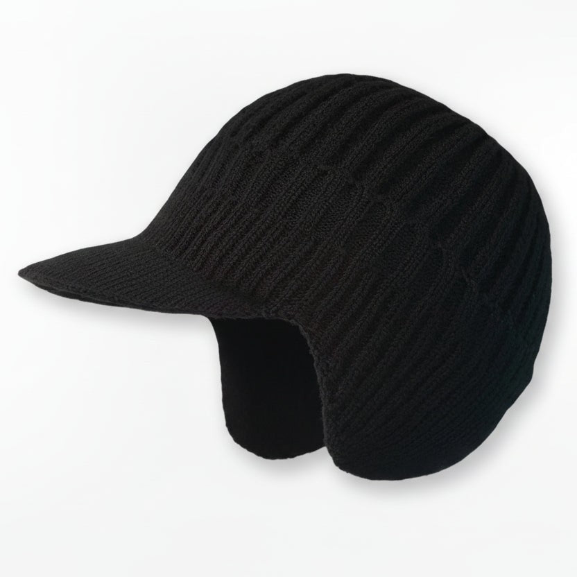 Strickmütze mit Schirm, Ohrenklappen und weichem Innenfutter für Damen und Herren in Schwarz
