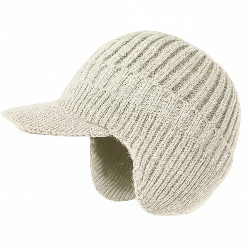 Strickmütze mit Schirm, Ohrenklappen und weichem Innenfutter für Damen und Herren in Beige