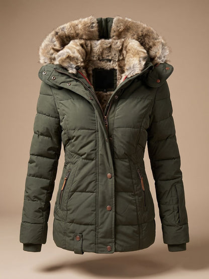 Taillierte Damen-Steppjacke mit gefütterter Kunstfellkapuze, Druckknopfleiste und Reißverschlusstaschen in Grün