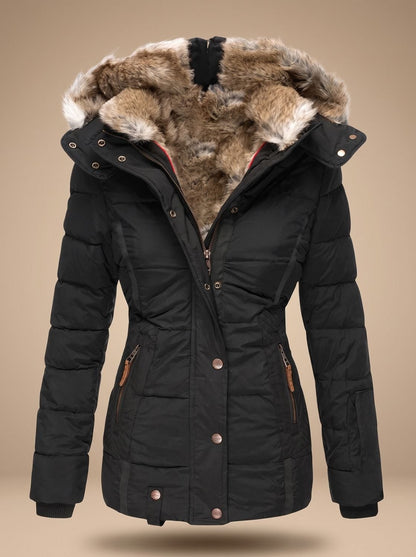 Taillierte Damen-Steppjacke mit gefütterter Kunstfellkapuze, Druckknopfleiste und Reißverschlusstaschen in Schwarz