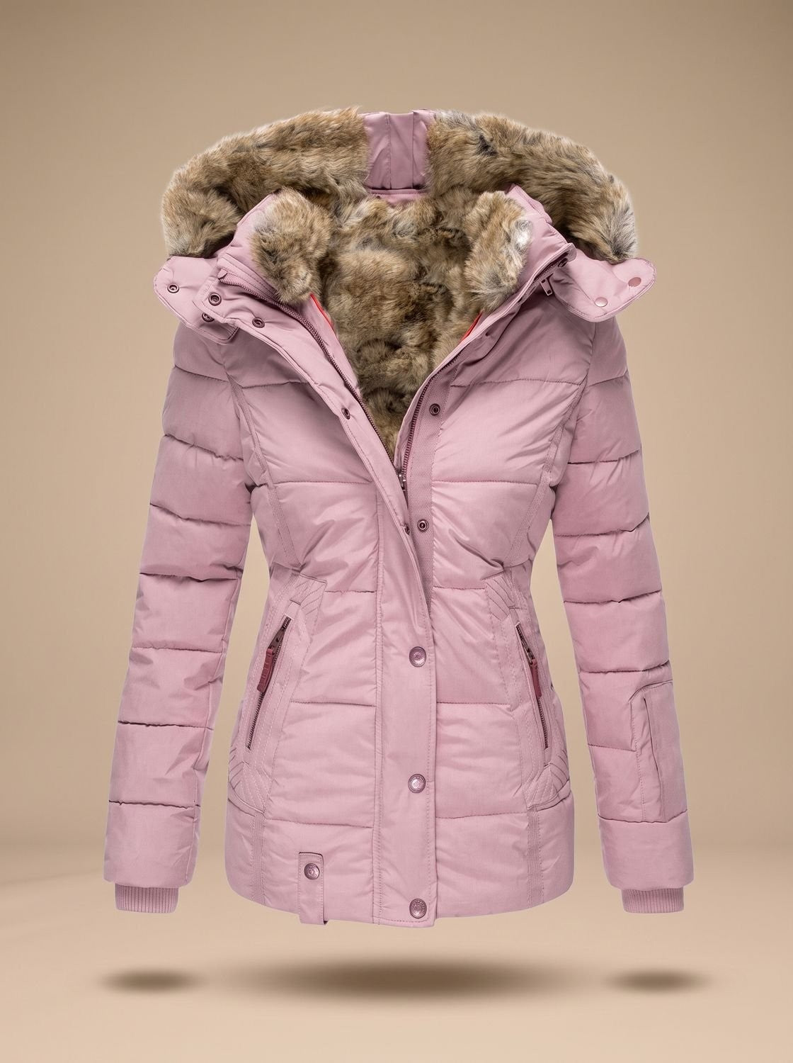 Taillierte Damen-Steppjacke mit gefütterter Kunstfellkapuze, Druckknopfleiste und Reißverschlusstaschen in Pink