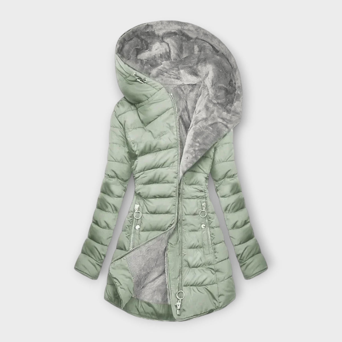 Taillierte Damen-Steppjacke mit plüschgefütterter Kapuze und Reißverschlusstaschen in Hellgrün