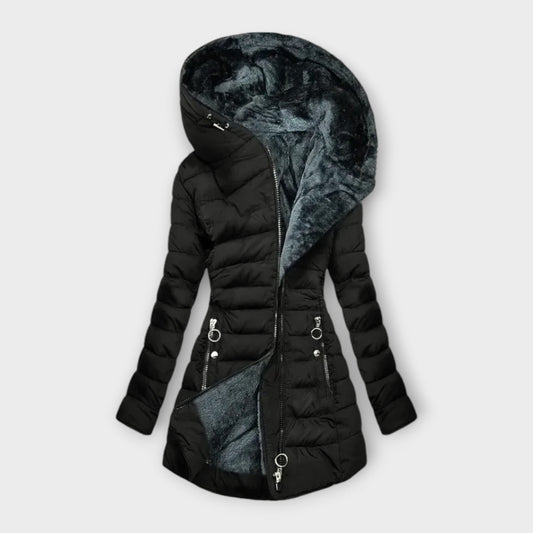 Taillierte Damen-Steppjacke mit plüschgefütterter Kapuze und Reißverschlusstaschen in Schwarz