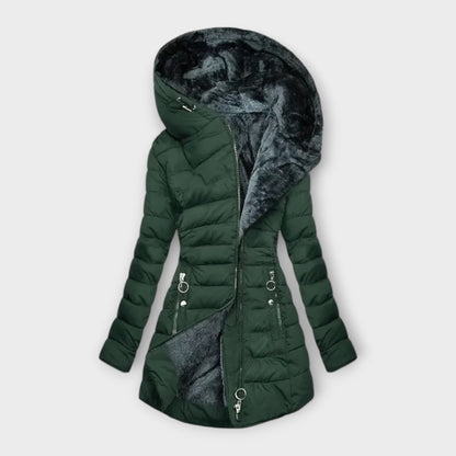 Taillierte Damen-Steppjacke mit plüschgefütterter Kapuze und Reißverschlusstaschen in Dunkelgrün
