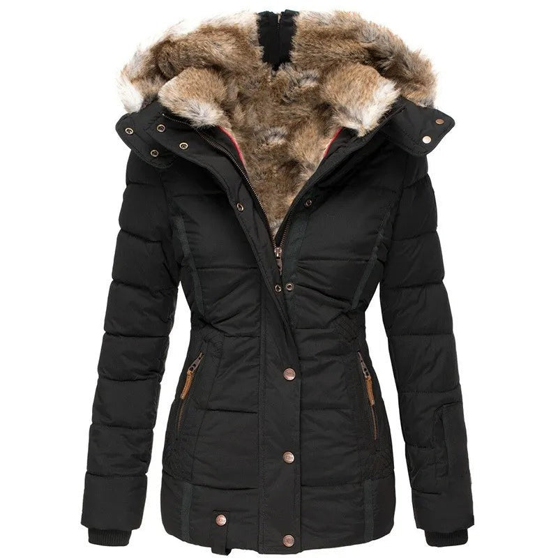 Taillierte Damen-Winter-Steppjacke mit Kunstfellkapuze, Druckknopfleiste und Strickbündchen in Schwarz