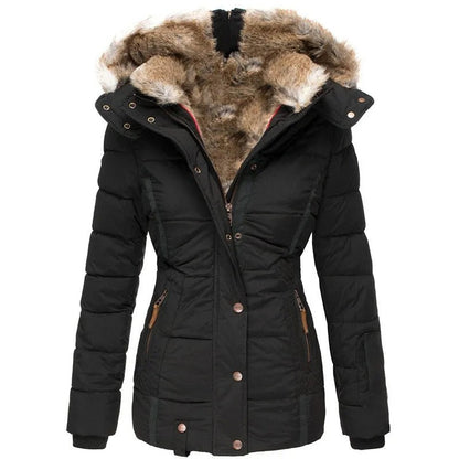 Taillierte Damen-Winter-Steppjacke mit Kunstfellkapuze, Druckknopfleiste und Strickbündchen in Schwarz