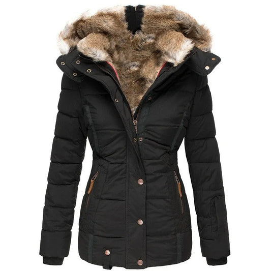 Taillierte Damen-Winter-Steppjacke mit Kunstfellkapuze, Druckknopfleiste und Strickbündchen in Schwarz