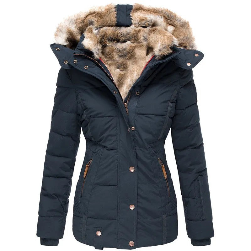 Taillierte Damen-Winter-Steppjacke mit Kunstfellkapuze, Druckknopfleiste und Strickbündchen in Blau