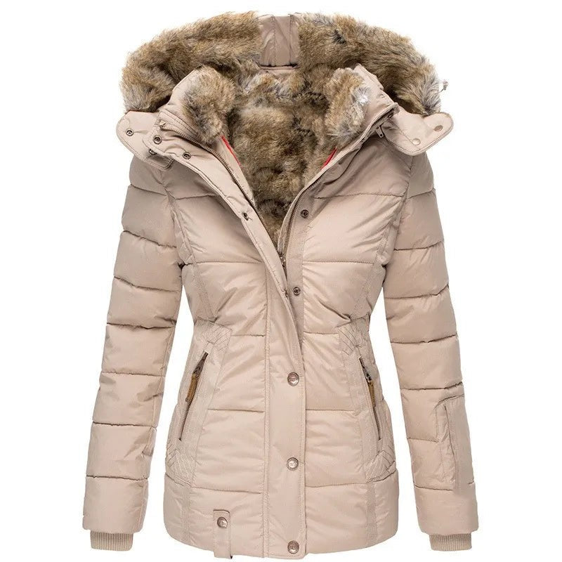 Taillierte Damen-Winter-Steppjacke mit Kunstfellkapuze, Druckknopfleiste und Strickbündchen in Beige