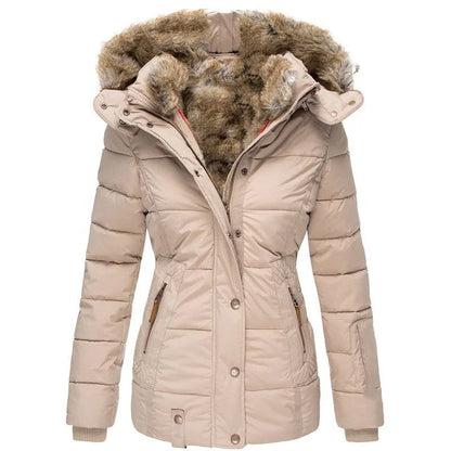 Taillierte Damen-Winter-Steppjacke mit Kunstfellkapuze, Druckknopfleiste und Strickbündchen in Beige