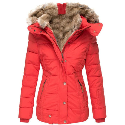 Taillierte Damen-Winter-Steppjacke mit Kunstfellkapuze, Druckknopfleiste und Strickbündchen in Rot