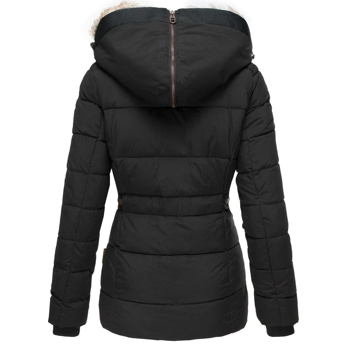 Taillierte Damen-Winter-Steppjacke mit Kunstfellkapuze, Druckknopfleiste und Strickbündchen, Ansicht 7