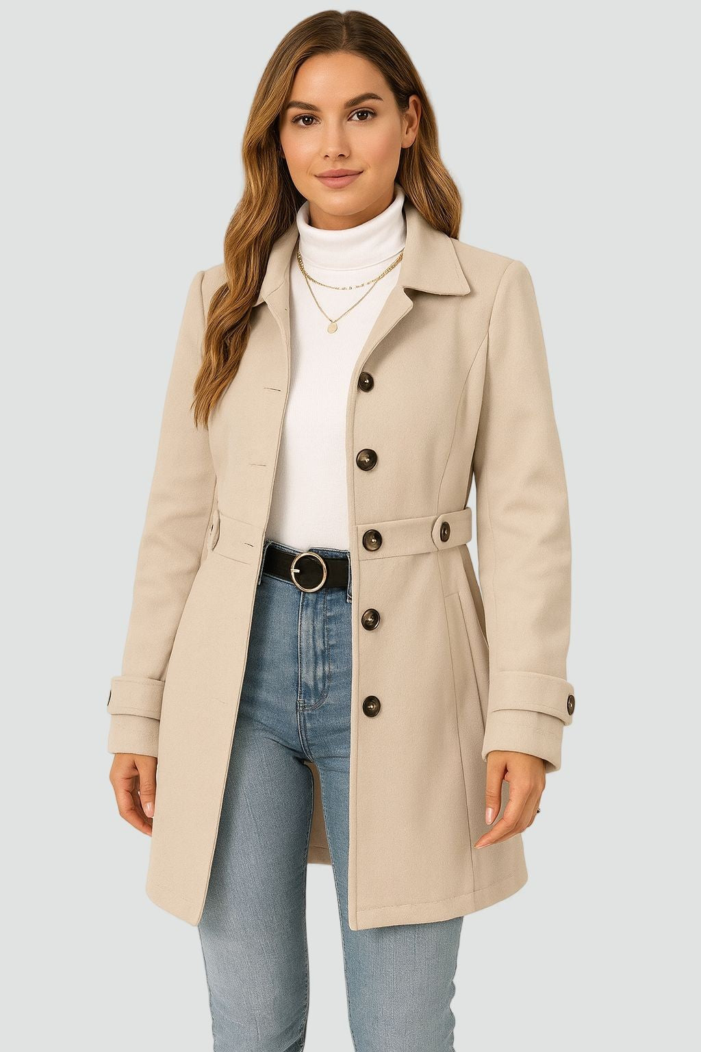 Taillierter Damen-Trenchcoat mit Reverskragen, Knopfleiste und Taillenriegel für die Übergangszeit, Ansicht 5