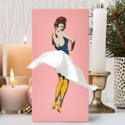 Taschentuchbox aus Kunststoff mit Retro-Tänzerin-Motiv, bei der das Taschentuch zum Rock wird in Rosa