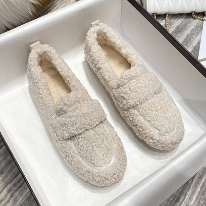 Teddyplüsch-Hausschuhe im Loafer-Schnitt mit warmem Plüschfutter und rutschfester Gummisohle in Beige