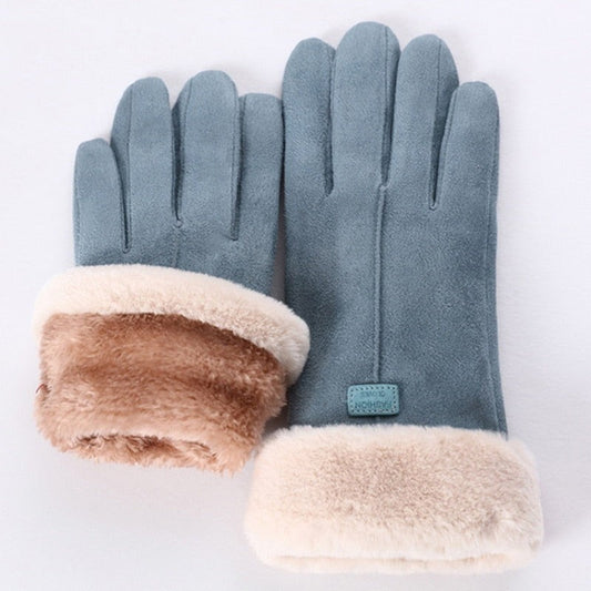 Touchscreen-Handschuhe für Damen in Wildlederoptik mit Fleecefutter und Plüschstulpe in Blau