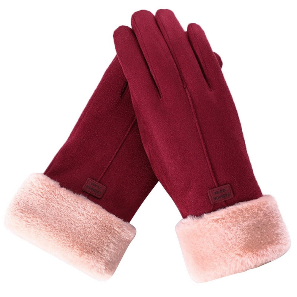 Touchscreen-Handschuhe für Damen in Wildlederoptik mit Fleecefutter und Plüschstulpe in Rot