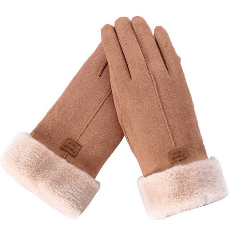 Touchscreen-Handschuhe für Damen in Wildlederoptik mit Fleecefutter und Plüschstulpe in Braun