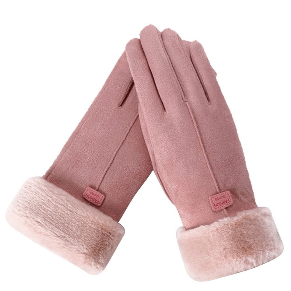 Touchscreen-Handschuhe für Damen in Wildlederoptik mit Fleecefutter und Plüschstulpe in Rosa