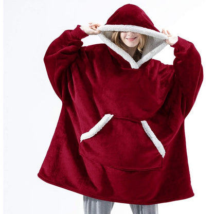 Übergroße Hoodie-Decke aus Fleece mit Sherpa-Futter, großer Kapuze und Kängurutasche in Rot
